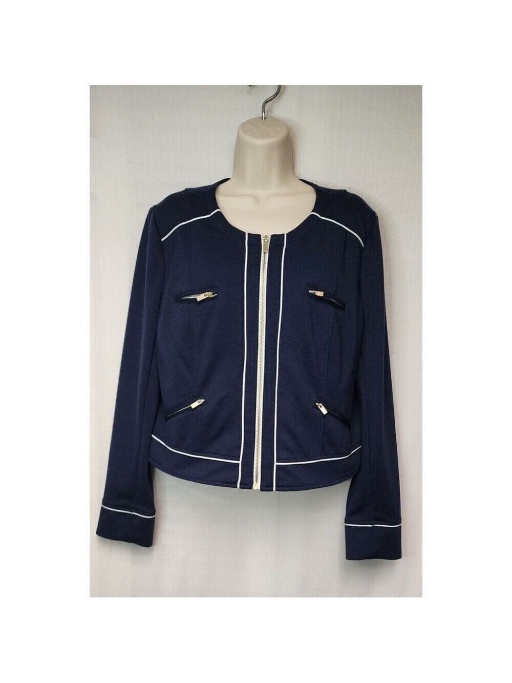 Katherine New York Round Neck Navy Blue White Striped Full Zip Jacket Blazer 12 - Picture 2 of 7